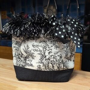Black and White Toile Print Tote with Polka Dot Bow
